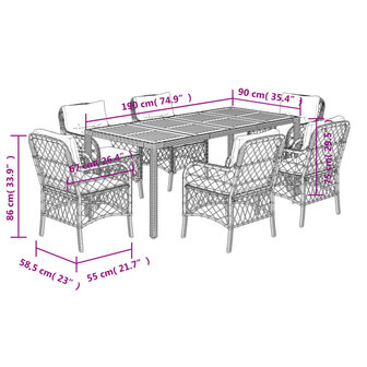 7-delige Tuinset met kussens poly rattan zwart