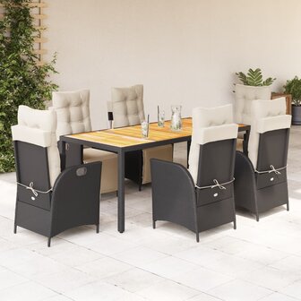 7-delige Tuinset met kussens poly rattan zwart