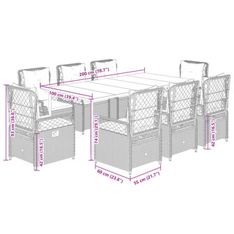 9-delige Tuinset met kussens poly rattan grijs