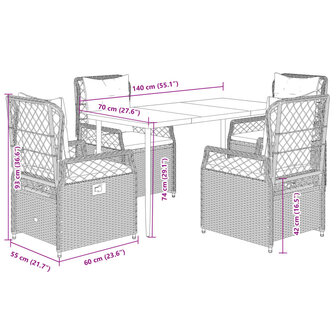 5-delige Tuinset met kussens poly rattan grijs