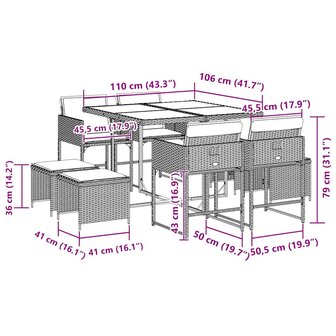9-delige Tuinset met kussens poly rattan grijs