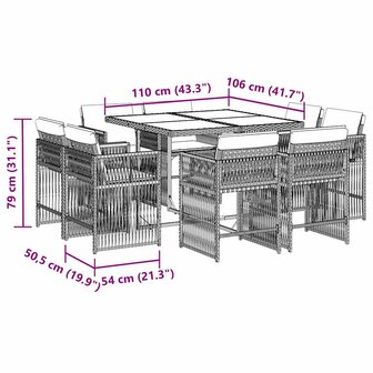 9-delige Tuinset met kussens poly rattan grijs