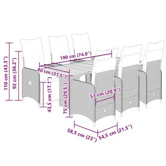 7-delige Bistroset met kussens poly rattan grijs