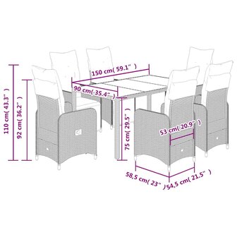 7-delige Bistroset met kussens poly rattan grijs