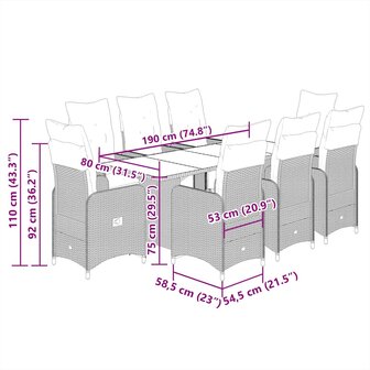 9-delige Bistroset met kussens poly rattan grijs