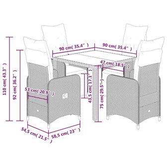 5-delige Bistroset met kussens poly rattan grijs