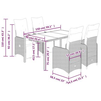 5-delige Bistroset met kussens poly rattan grijs