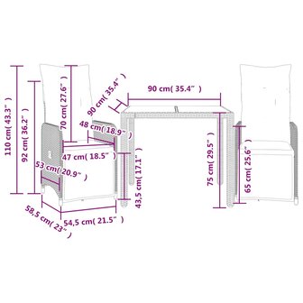 3-delige Bistroset met kussens poly rattan grijs