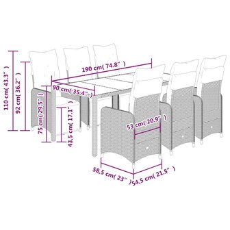 7-delige Bistroset met kussens poly rattan grijs