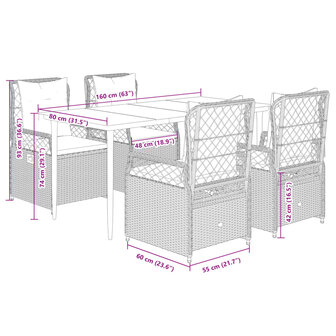 5-delige Tuinset met kussens poly rattan grijs