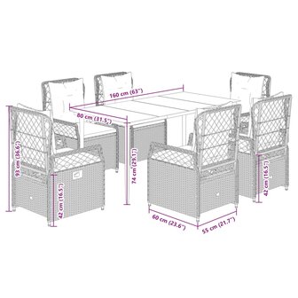 7-delige Tuinset met kussens poly rattan grijs