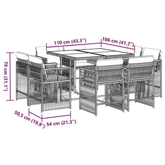 9-delige Tuinset met kussens poly rattan bruin