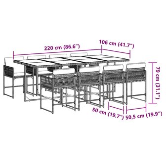 9-delige Tuinset met kussens poly rattan beige