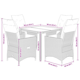 5-delige Tuinset met kussens poly rattan grijs