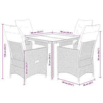 5-delige Tuinset met kussens poly rattan grijs