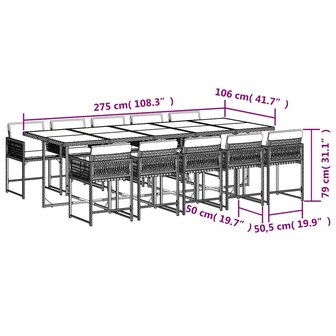 11-delige Tuinset met kussens poly rattan grijs