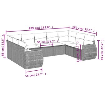 9-delige Loungeset met kussens poly rattan bruin