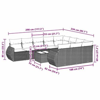 11-delige Loungeset met kussens poly rattan lichtgrijs