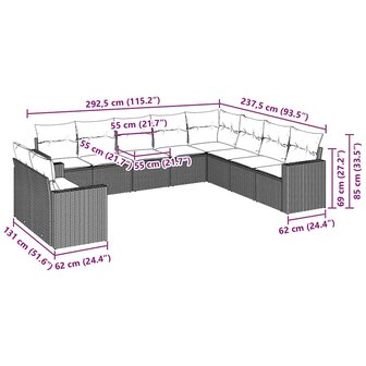 10-delige Loungeset met kussens poly rattan bruin