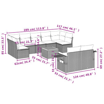 10-delige Loungeset met kussens poly rattan zwart