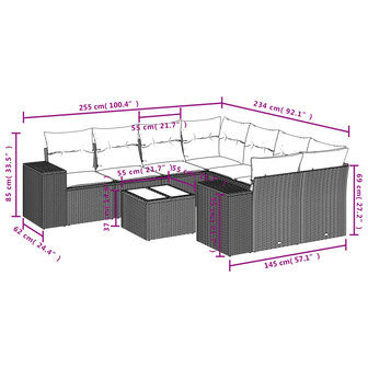 9-delige Loungeset met kussens poly rattan zwart