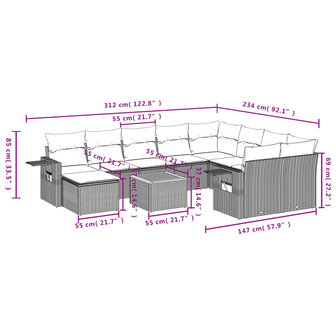 11-delige Loungeset met kussens poly rattan zwart