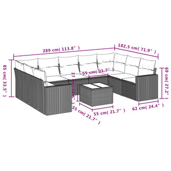 10-delige Loungeset met kussens poly rattan zwart
