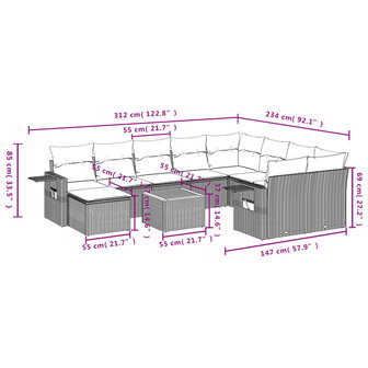 11-delige Loungeset met kussens poly rattan zwart