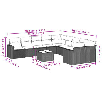 11-delige Loungeset met kussens poly rattan zwart