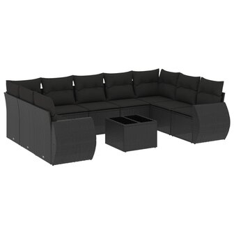 10-delige Loungeset met kussens poly rattan zwart