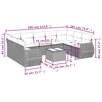 10-delige Loungeset met kussens poly rattan zwart