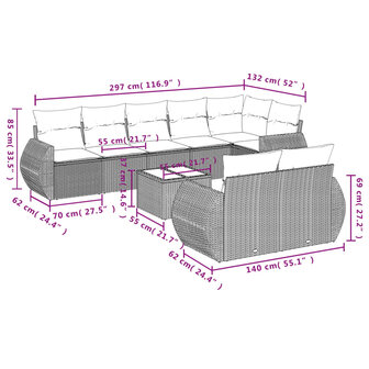 9-delige Loungeset met kussens poly rattan zwart