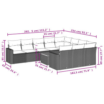 11-delige Loungeset met kussens poly rattan zwart
