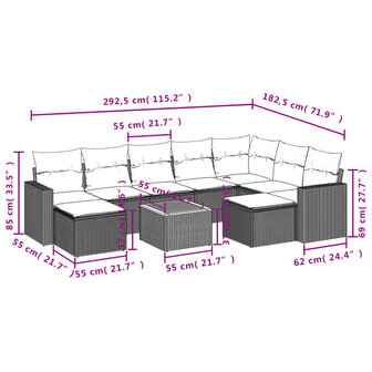 10-delige Loungeset met kussens poly rattan zwart