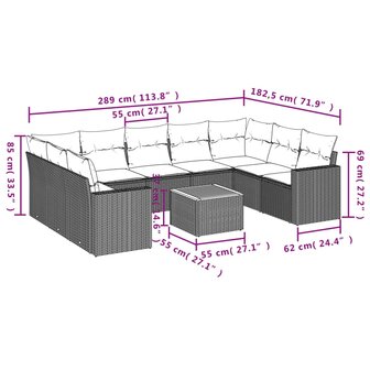 10-delige Loungeset met kussens poly rattan zwart