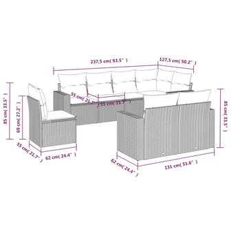 8-delige Loungeset met kussens poly rattan beige