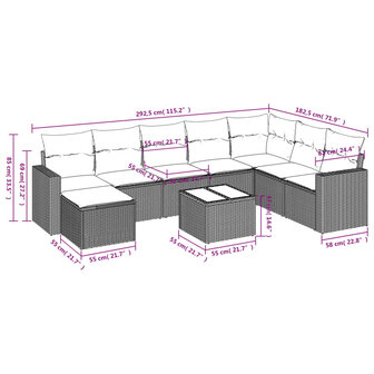 9-delige Loungeset met kussens poly rattan beige