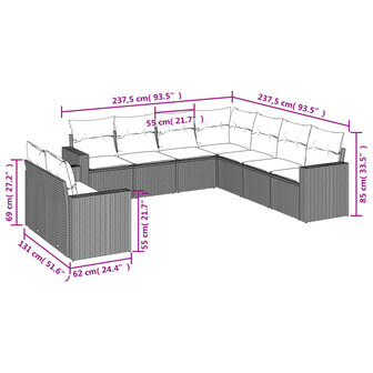 9-delige Loungeset met kussens poly rattan beige