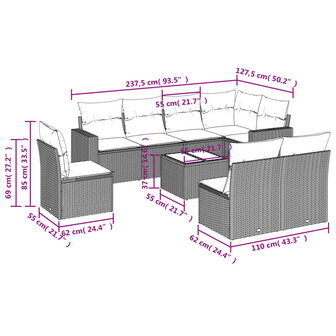 9-delige Loungeset met kussens poly rattan zwart