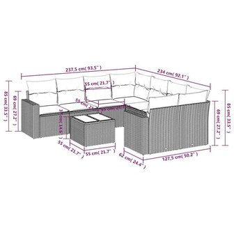 9-delige Loungeset met kussens poly rattan zwart