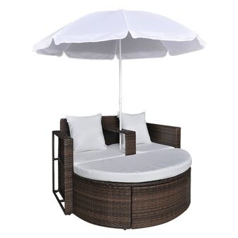Tuinbed met parasol poly rattan bruin