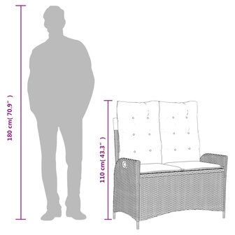 Tuinbankje verstelbaar met kussens poly rattan lichtgrijs