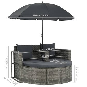 Tuinbank 2-zits met kussens en parasol poly rattan grijs