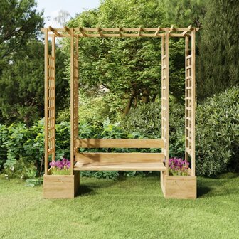 Pergola met bank en plantenbakken ge&iuml;mpregneerd grenenhout