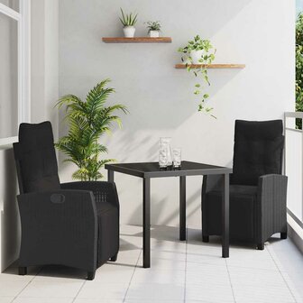 Tuin eettafelset met kussen 3 pcs Zwart poly rattan