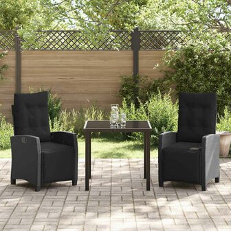 Tuin eettafelset met kussen 3 pcs Zwart poly rattan