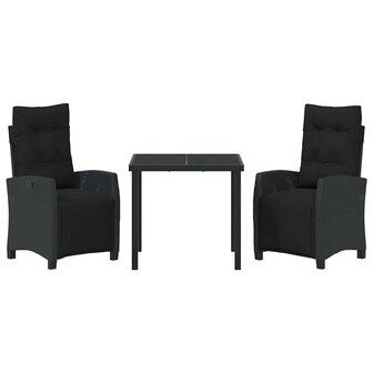 Tuin eettafelset met kussen 3 pcs Zwart poly rattan