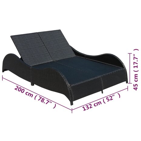 Ligbed tweepersoons met kussen poly rattan zwart