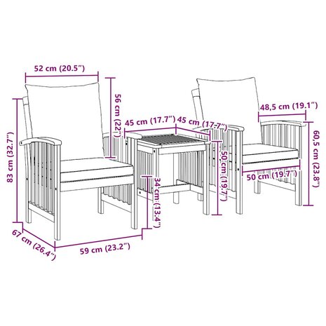 Tuin Sofa Set met kussen 3 pcs Bruin Massief acaciahout