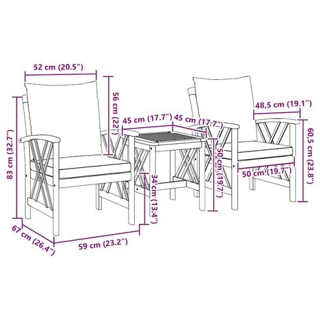 Tuin Sofa Set met kussen 3 pcs Bruin Massief acaciahout